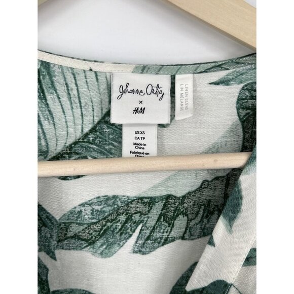 Johanna Ortiz x H&M Linen Blend Midi in Green Palm Leaf Dress Size XS Boho - Picture 2 of 5
